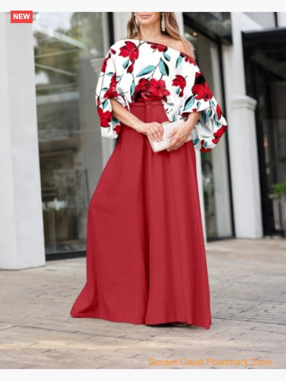 Off Shoulder Top Flowy Wide Leg Pants Set Vacation Travel Airport Outfits - Picture 4 of 7